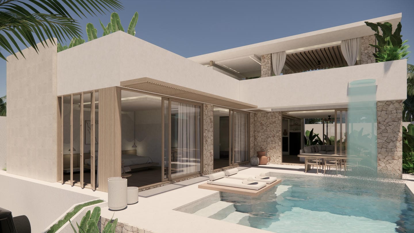 MODERN LUXURY DOUBLE POOL WITH GLASS BOTTOM AND WATERFALL 2 BEDROOM VILLA FOR SALE FREEHOLD AND LEASEHOLD IN LOMBOK SELONG BELANAK BE-2045 